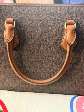 MICHAEL Michael Kors Brown Logo Satchel with Tan Trim